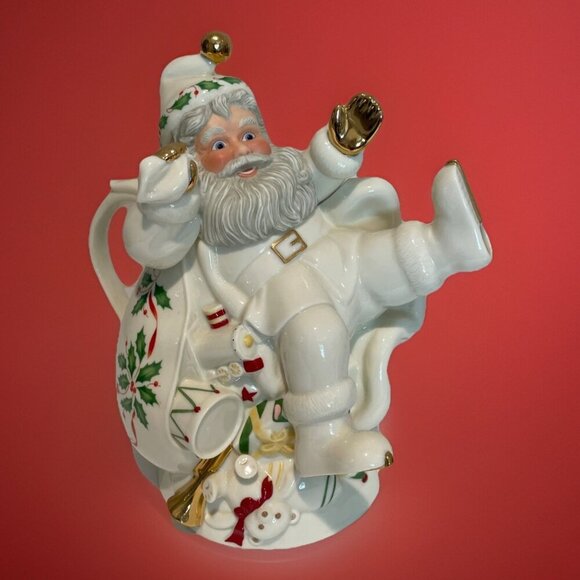 Lenox Holiday Santa Teapot Figural Porcelain Gold Accents Holly Berry Christmas - Picture 1 of 13